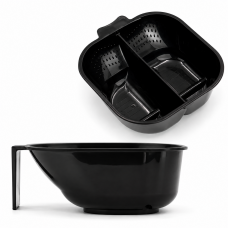 Перукарська миска Beauty Tools для змішування фарби з ручкою подвійна чорна 2 секції 