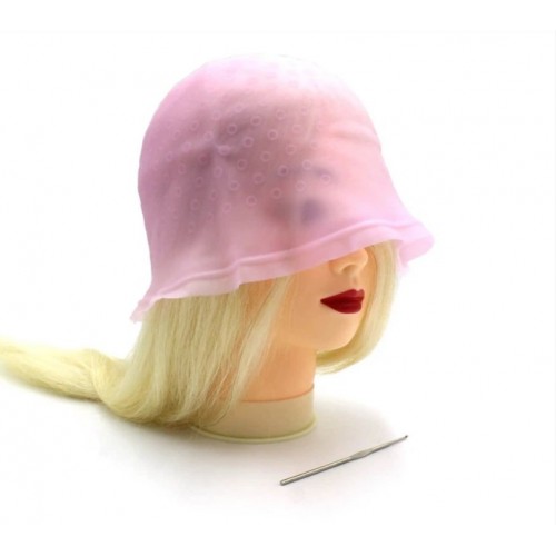 Професійна багаторазова силіконова шапочка для фарбування та мелірування волосся з гачком для колориста рожева.