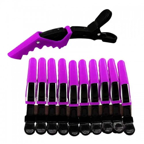 Затискач-крокодил для волосся пластиковий (упаковка 10 шт.) Чорний з фіолетовим.