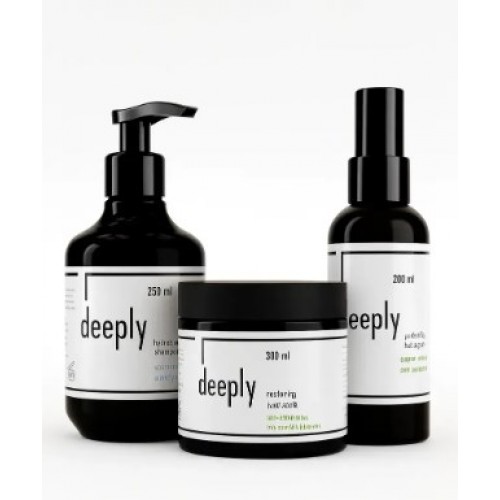 Набір deeply для інтенсивного зволоження сухого пошкодженого волосся шампунь hydrating, маска restoring та спрей 10 у 1 protecting hair spray 300/250/200 мл